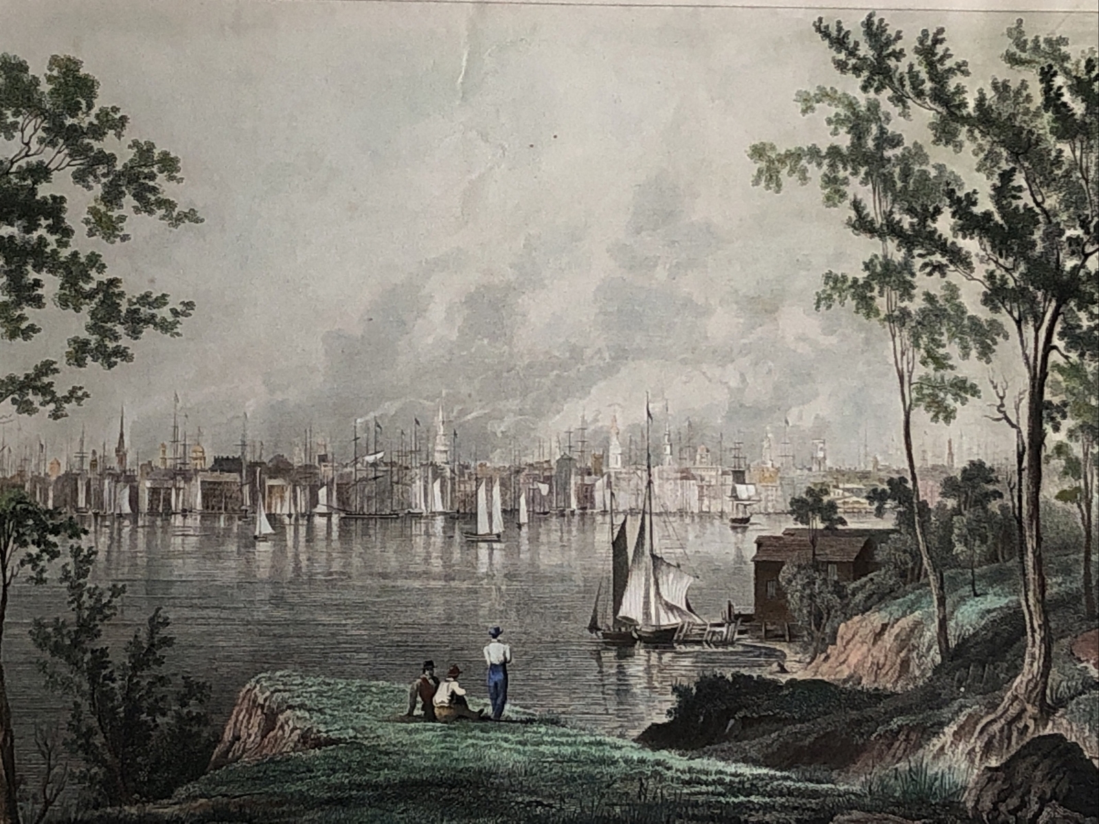 1834 HAND COLORED STEEL ENGRAVING VIEW OF NEW YORK CITY FROM BROOKLYN HEIGHTS
