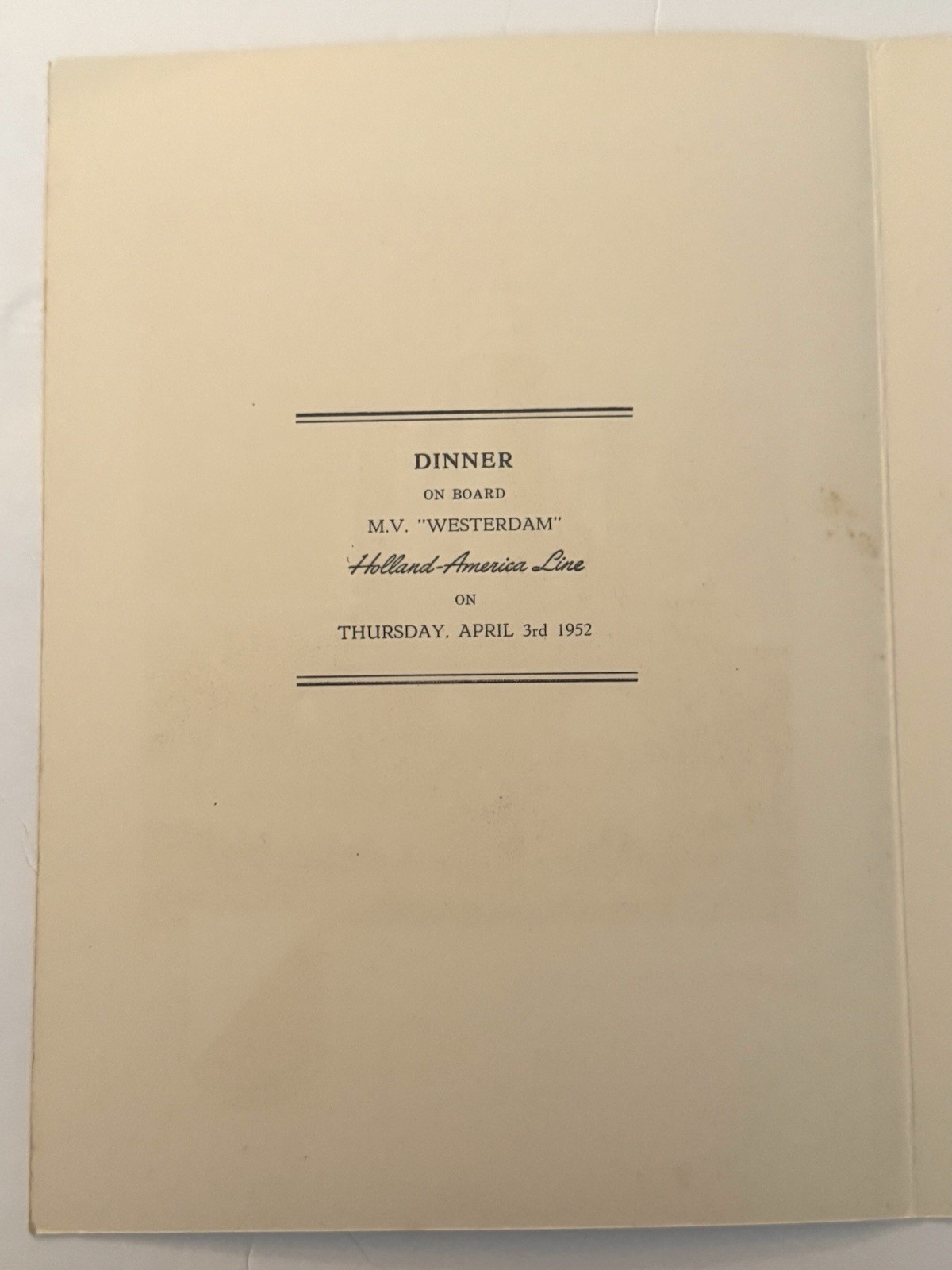 Vintage 1952 Dinner Menu Holland American Cruise Line April 3rd 1952