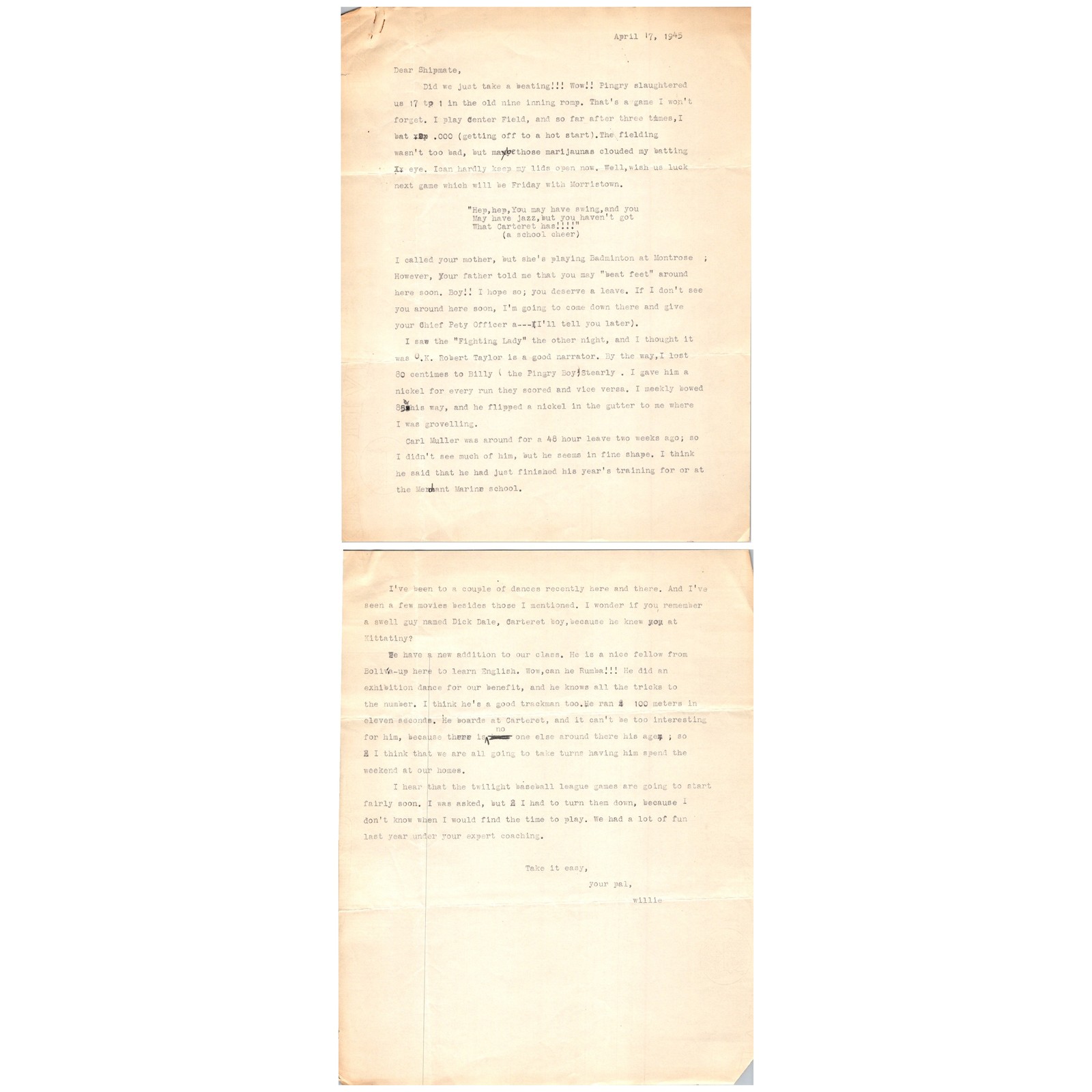 WWII Navy Letter 1945 Oliver Deane 2Pg Typed Correspondence Folded Cream Tan