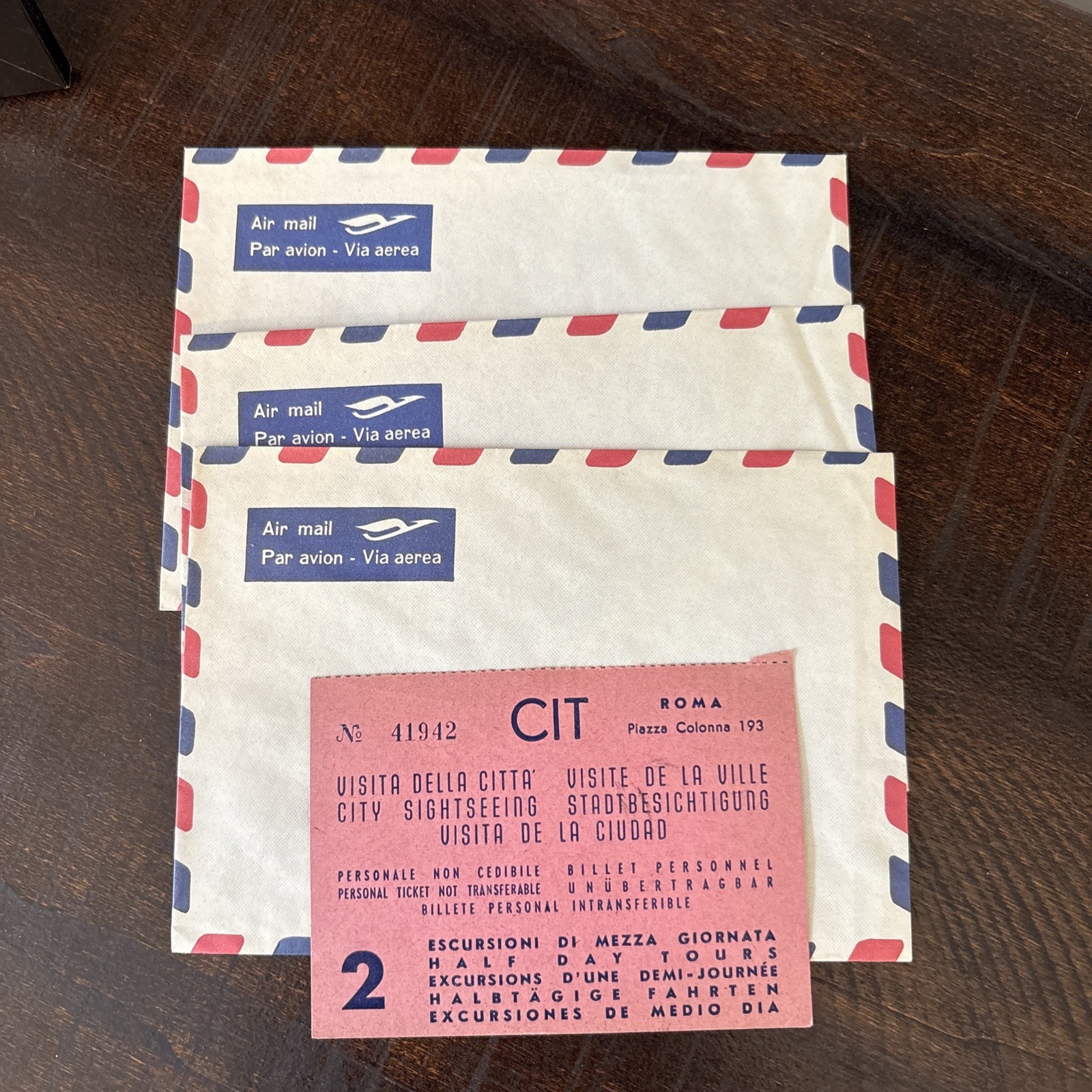 3 Vintage Air mail Par Avion Envelopes 11.5 x 16.2cm Blue Letter Roma CIT ticket