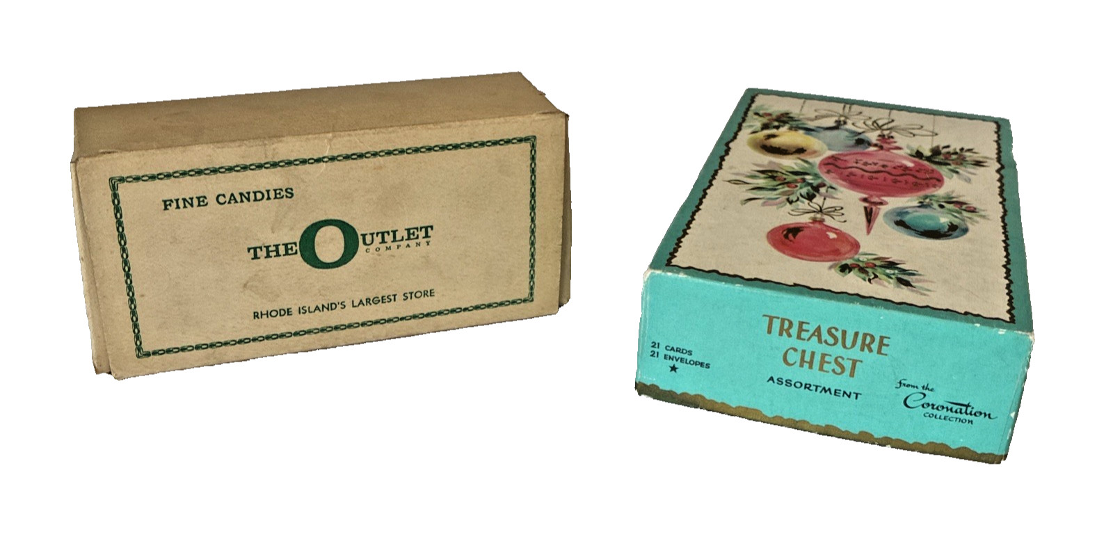 Lot of 2 Vintage Boxes – Outlet Store Candy Box & Coronation Christmas Card Box