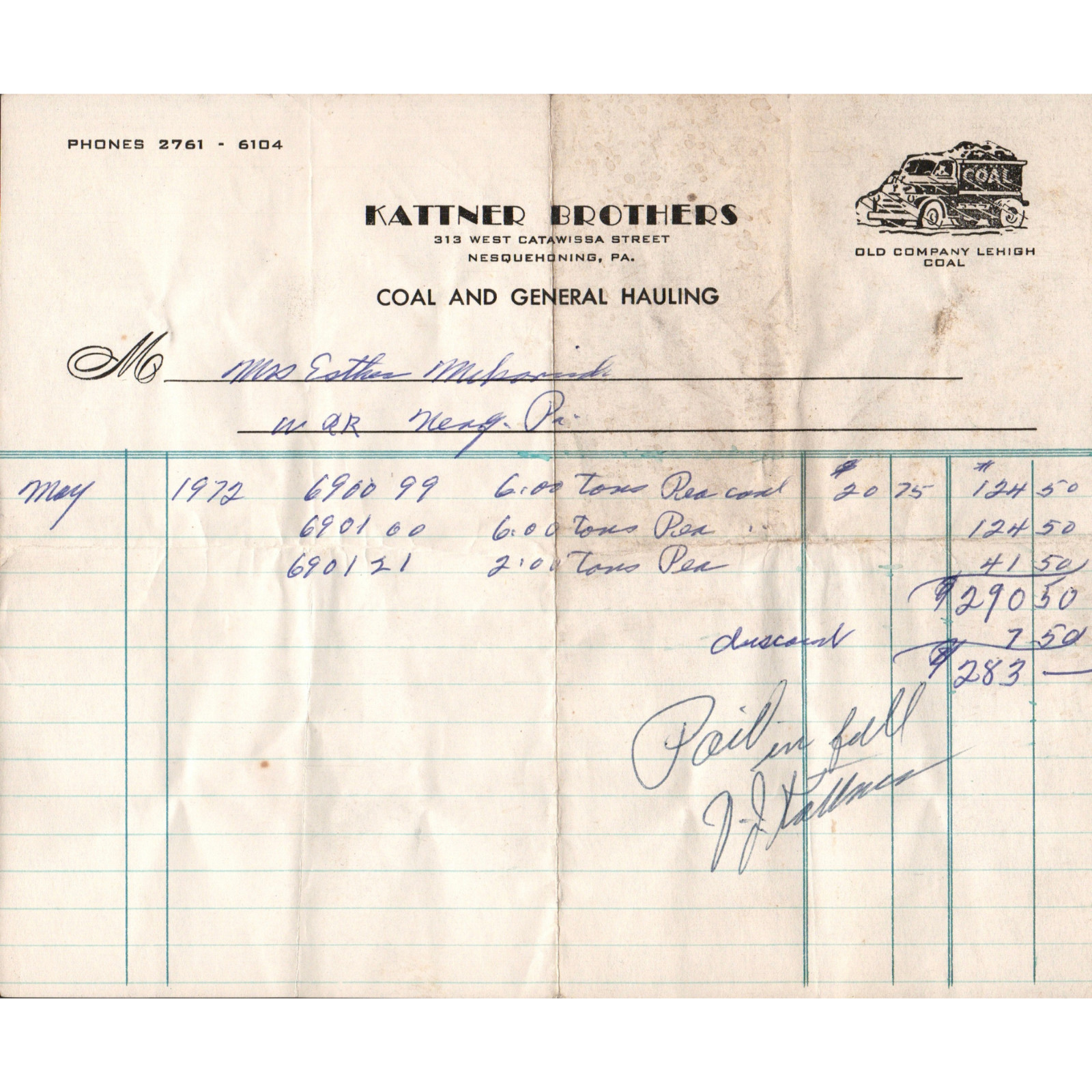 Vintage 1972 Kattner Brothers Coal and General Hauling Letterhead Bill of Sale