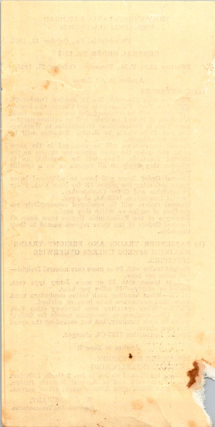 Pennsylvania RR General Order 1315 1962 Timetable Consolidation Mimeograph