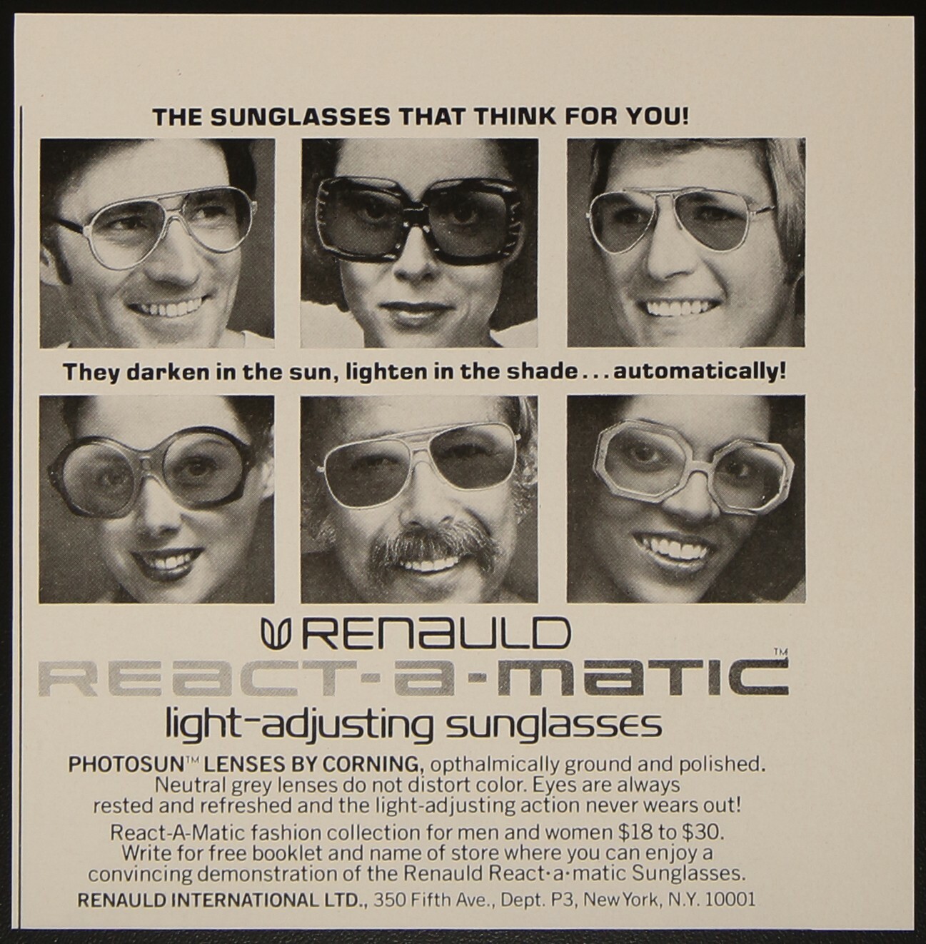 Renauld React-a-matic Light Adjusting Sunglasses Photosun Vintage Print Ad 1974