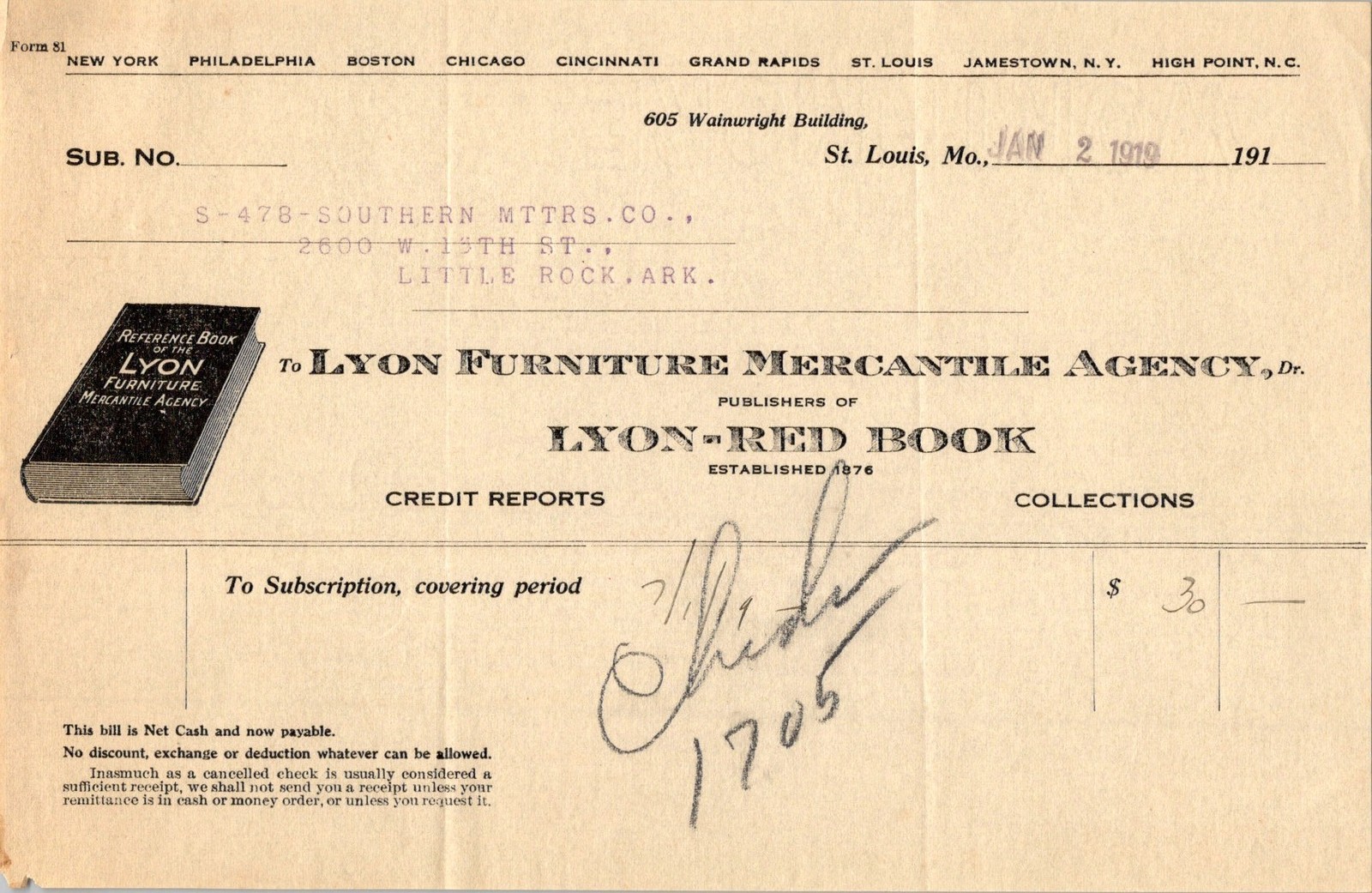 1919 Lyon Furniture Mercantile Agency Invoice Little Rock AR Credit Document
