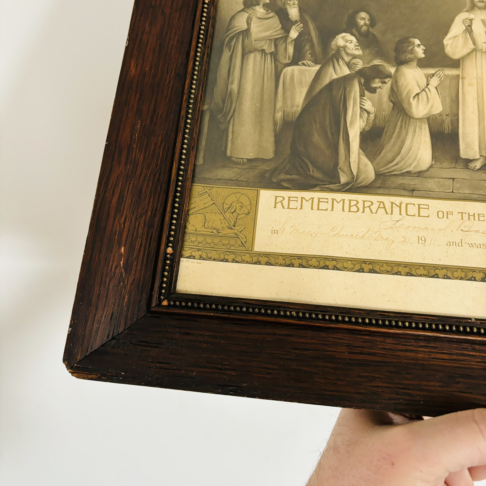 Antique 1900s 1911 First Holy Communion Certificate Quarter Sawn Wood Frame Vtg