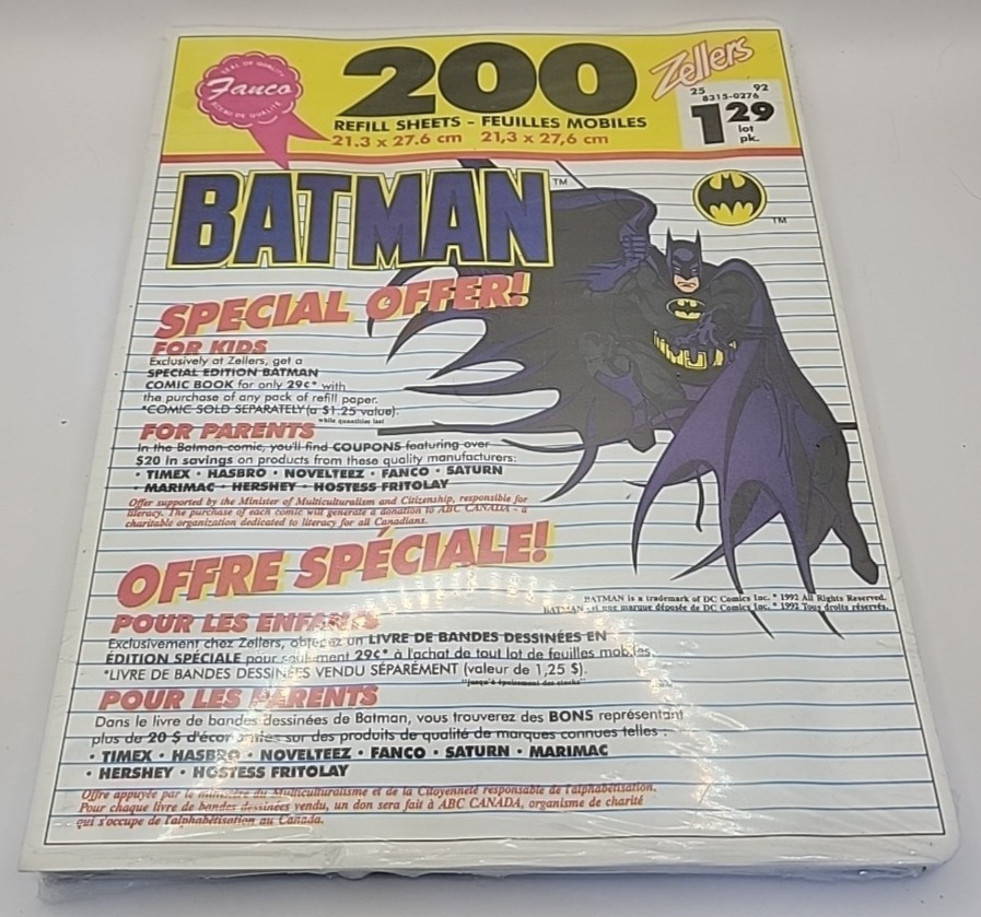 1992 Zellers 200 Sheet Lined Paper Refill – Batman Special Offer on the Package