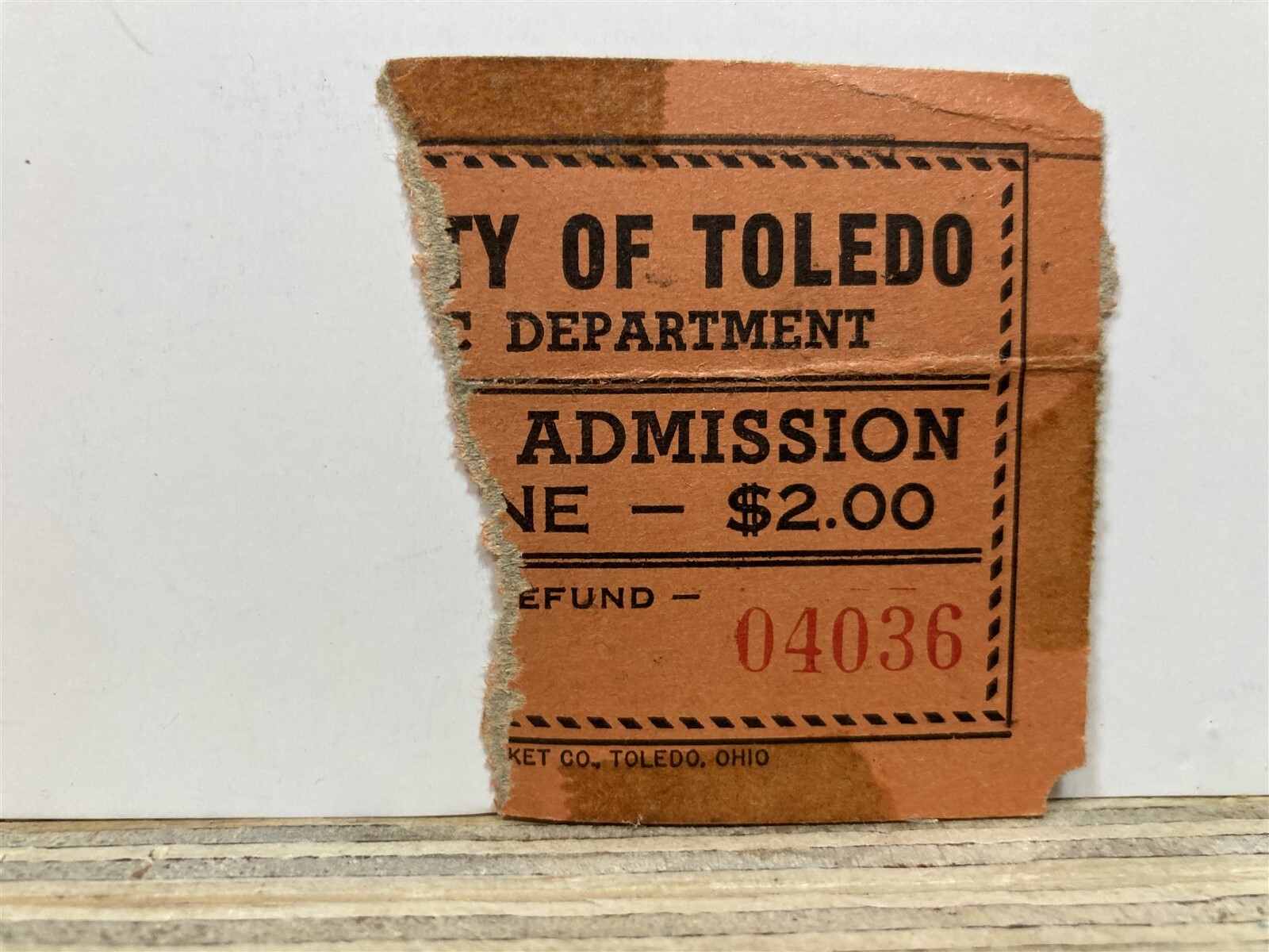 1960’s Ticket Stub from the City of Toledo Ohio For Unknown Event OH Vtg