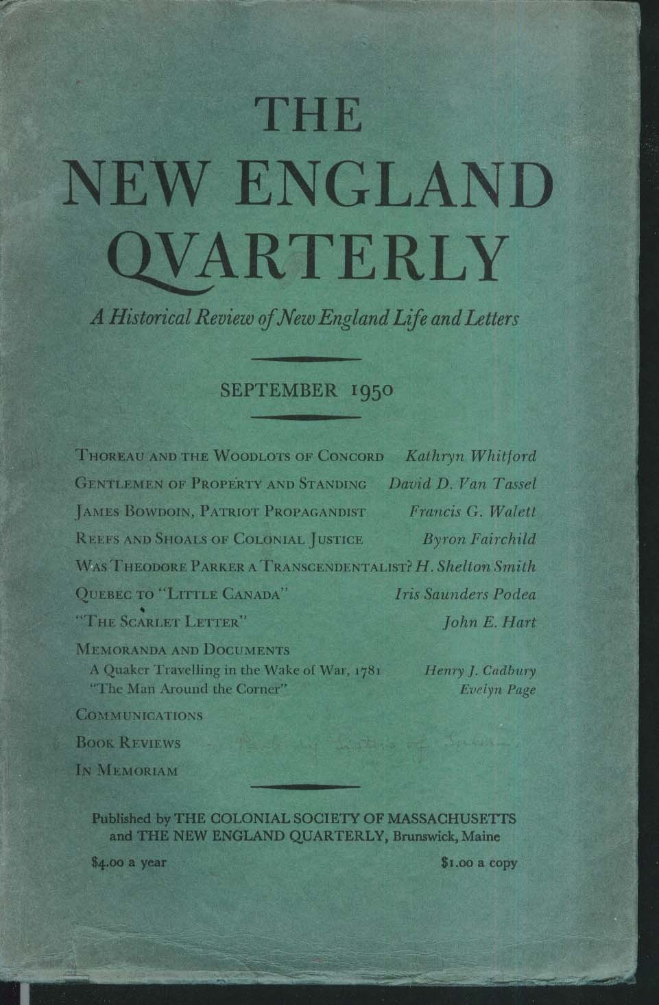 NEW ENGLAND QUARTERLY Kathryn Whitford Byron Fairchild John E Hart ++ 9 1950