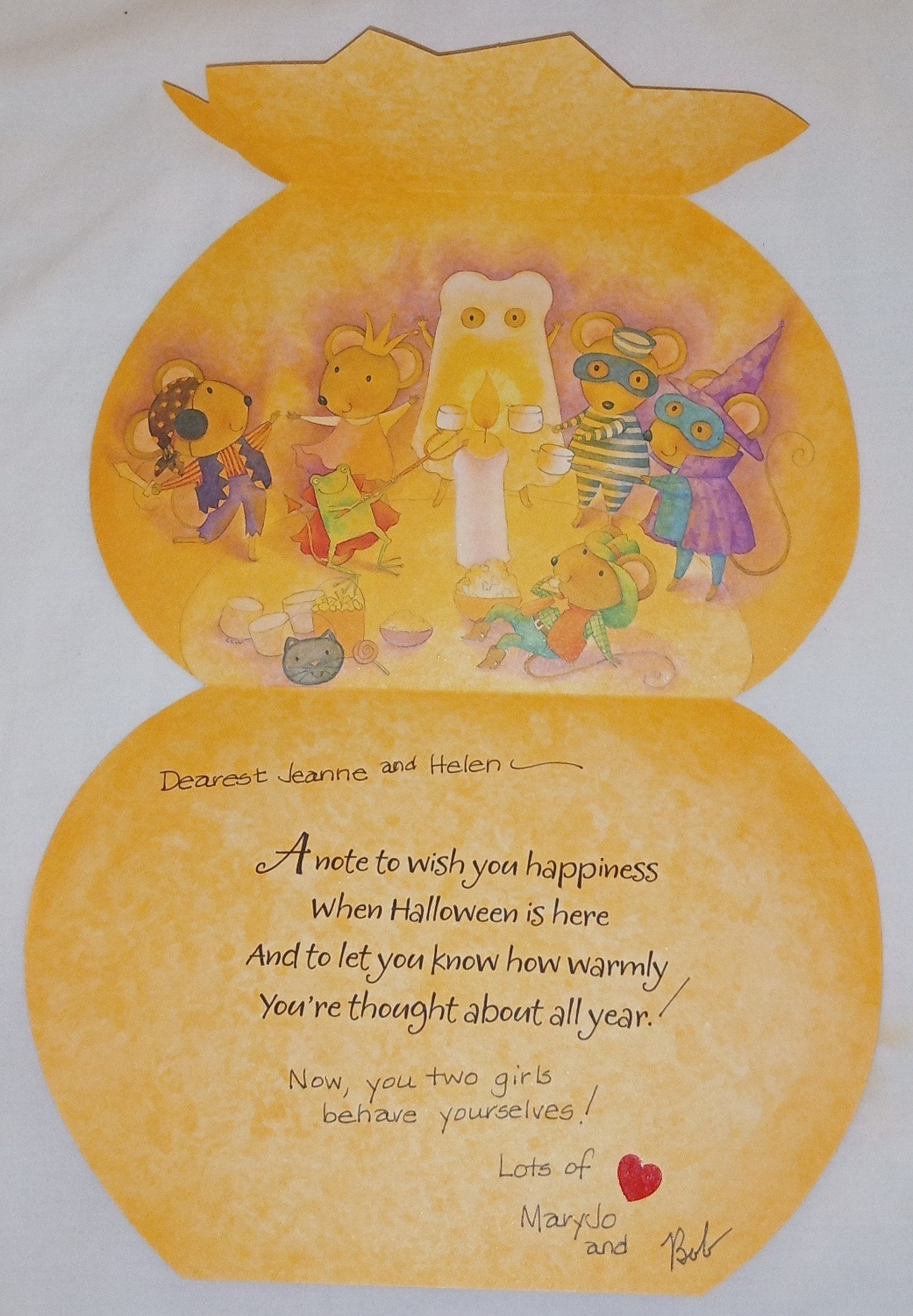Halloween card, adorable mice in costume roasting marshmallows, 5″ used