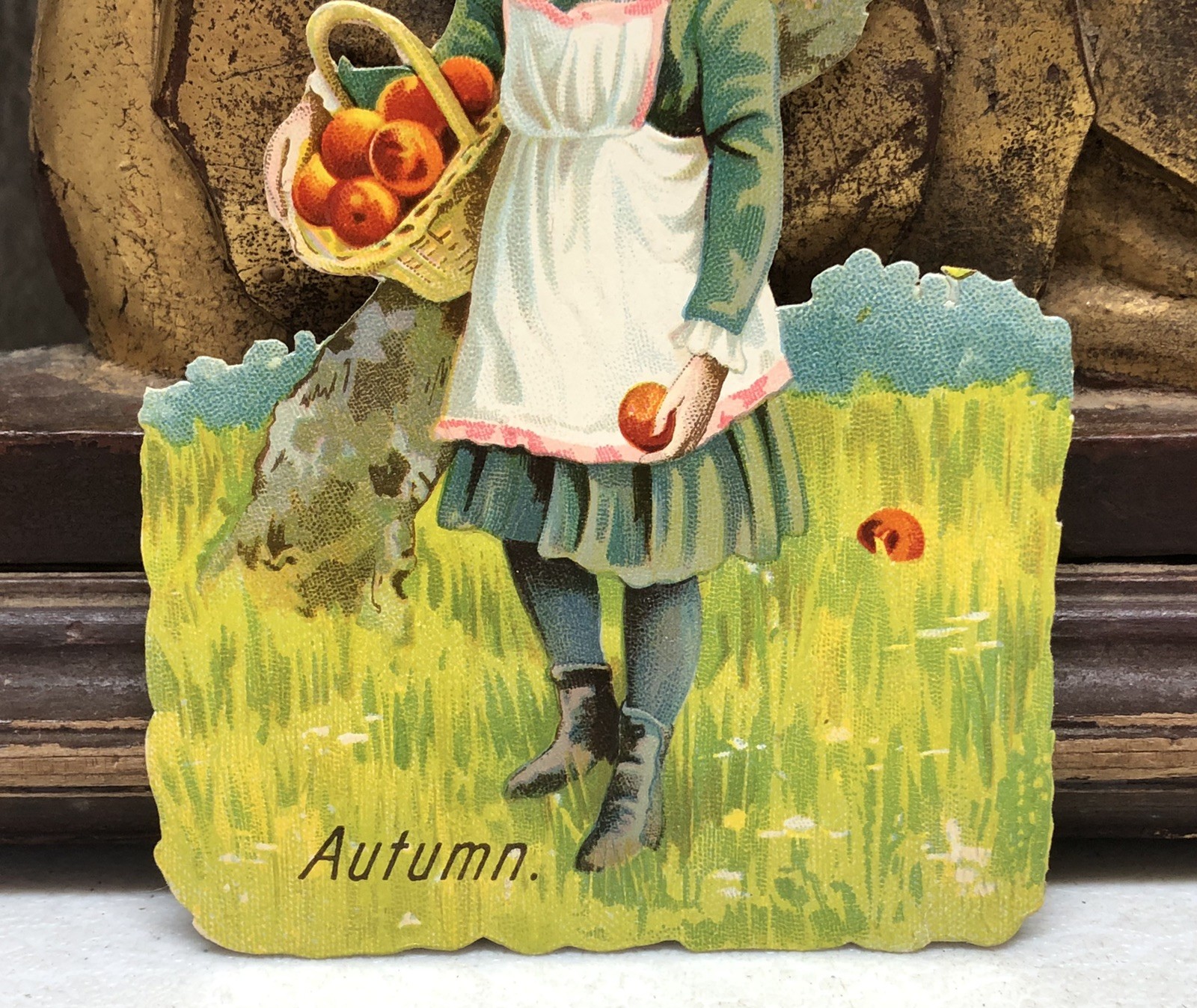 AUTUMN Girl w/ Basket of Fruit Die Cut Victorian Scrap – L4