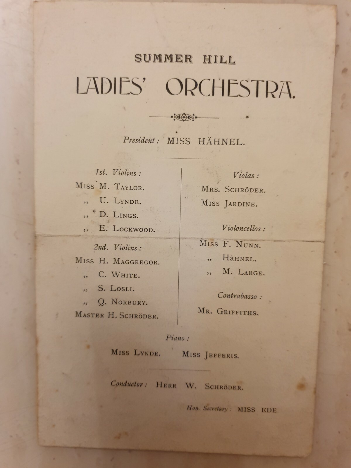 1905 SUMMER HILL LADIES ORCHESTRA Conductor HERR W, SCHRODER