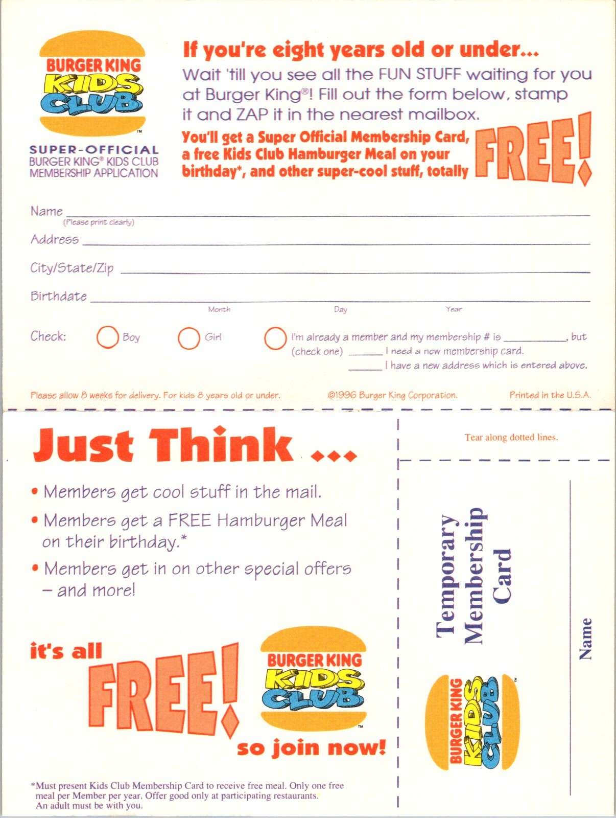1996 Burger King Kids Club Membership Application Hiram GA Fun Design