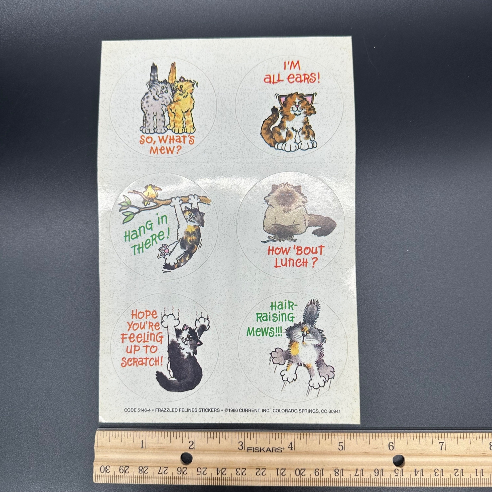 Vintage Kitty Cat Stickers Frazzled Felines 1986 Current Kitschy Humor Round 80s