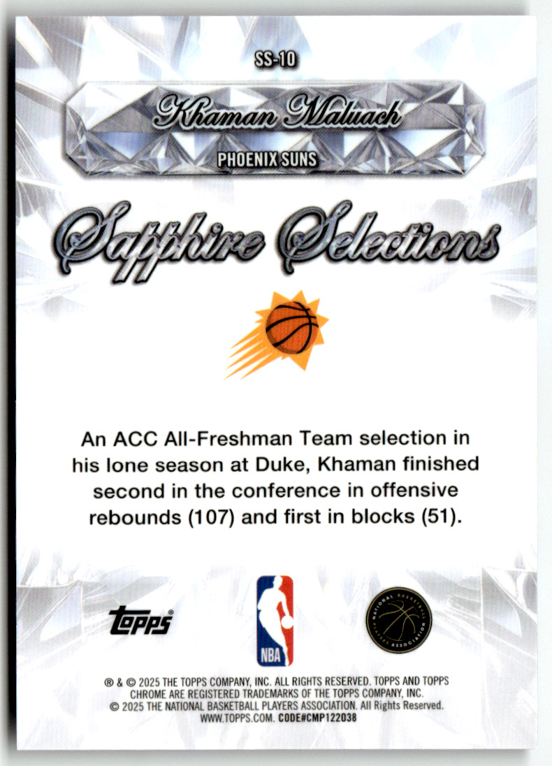 2025 Topps Chrome NBA No. SS-10 Khaman Maluach Rookie Sapphire Selections SP