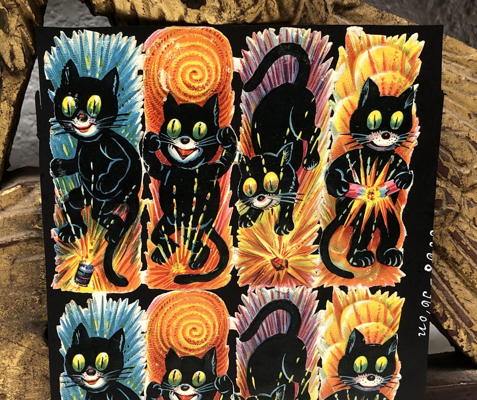 Black Cats & Masks w/ Faces Die Cut Scraps Glued on Paper Double Sided L17