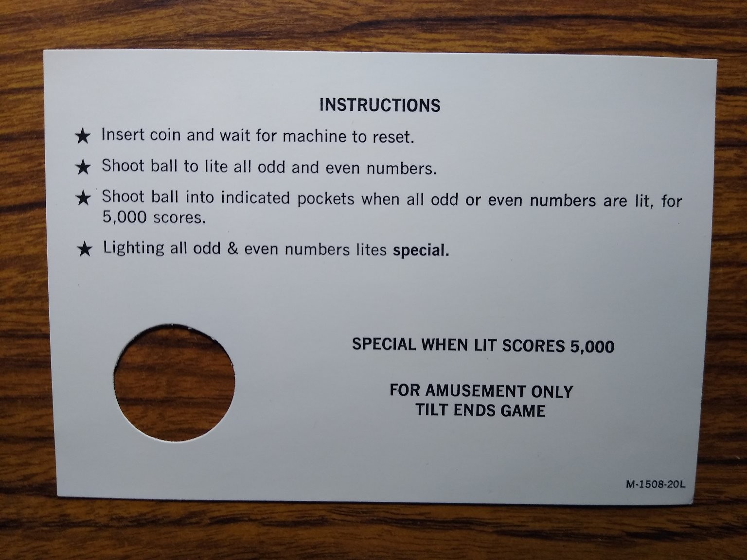 Amusement Game Instructions Pinball Card M-1508-20L Arcade Collectible Unknown