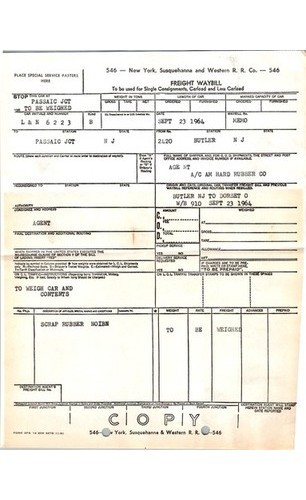 NYS & W Railroad Waybill Scrap Rubber Butler NJ Passaic Junction 1964 LAN 6223