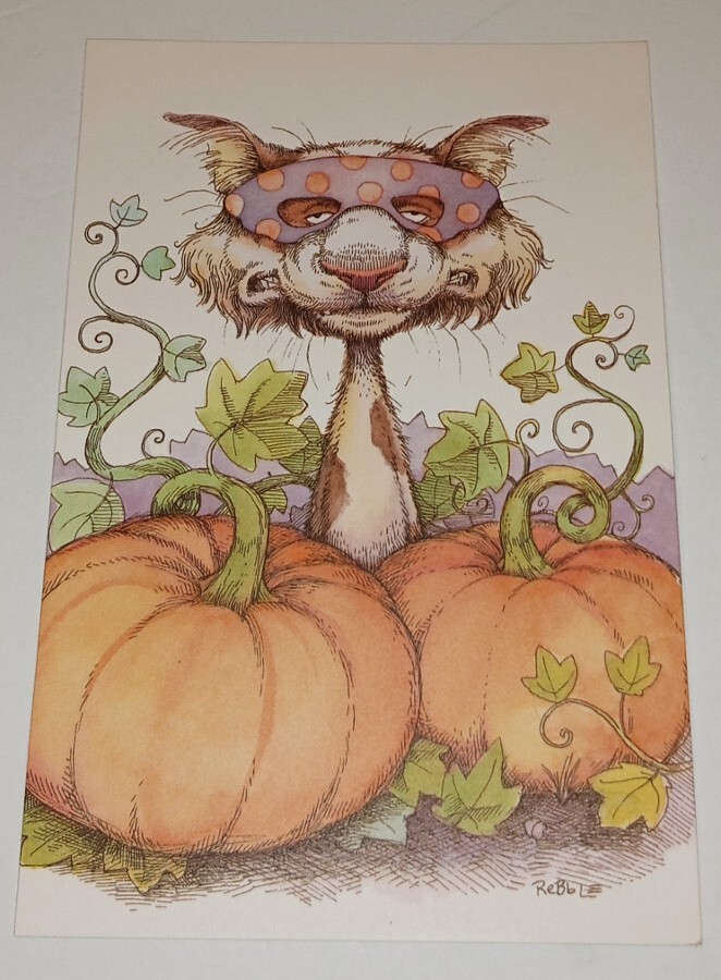 Halloween greeting card, cat in pumpkin patch, Rebble 7 1/4″ used