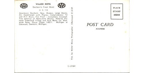 Dearborn MI Village Motel Postcard 1950s Walter Wong AAA Americana Cars