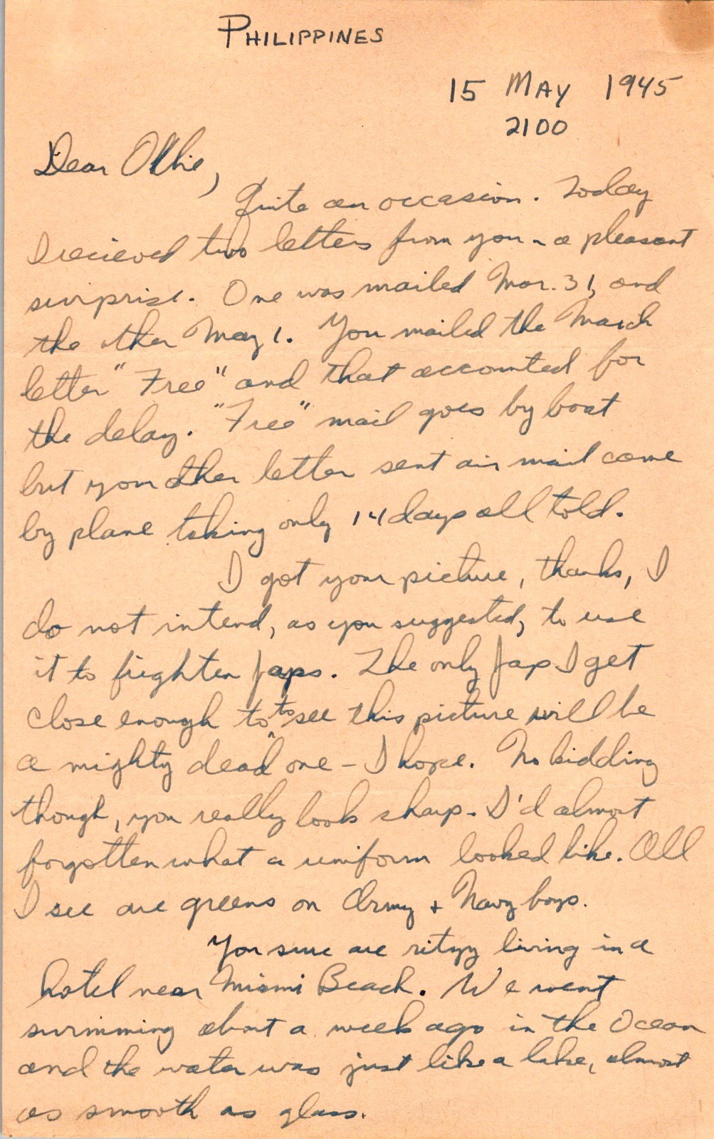 WWII 1945 Philippines Letter to Navy SB2C TBF Airman, Combat & Mail Delay, 2pp