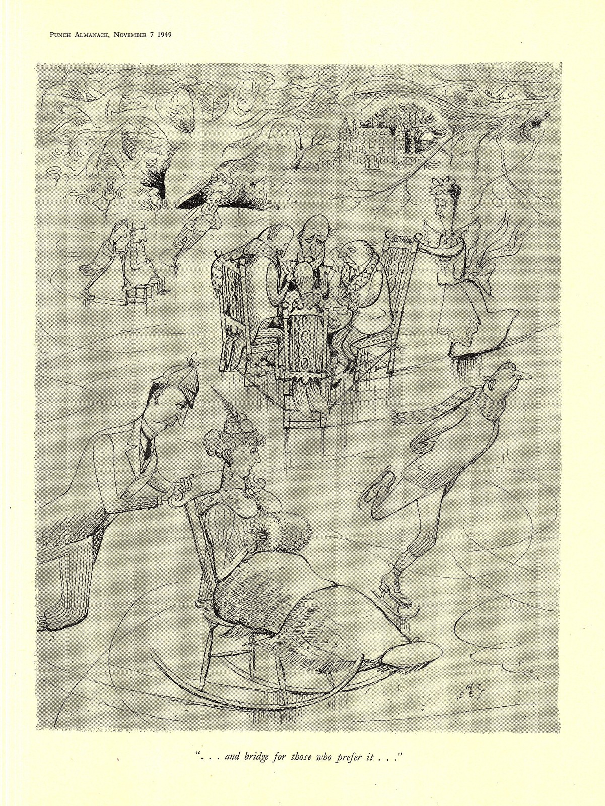 1949 Punch EMETT Ice Skating Cartoon Print “.. & Bridge for Those Who Prefer It”