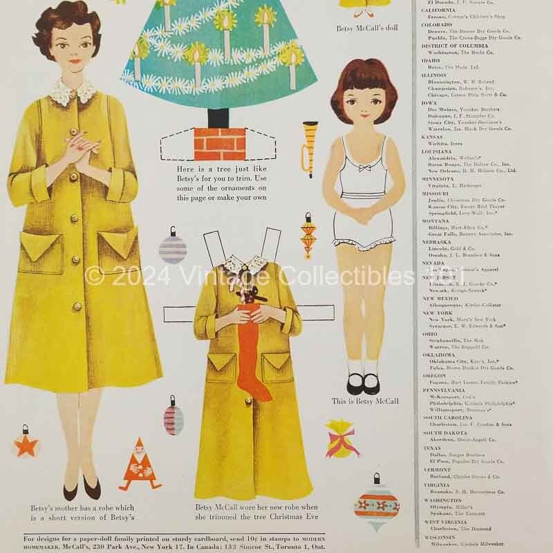 1954 Betsy McCall Trims The Tree Christmas Paper Doll art decor vintage print ad