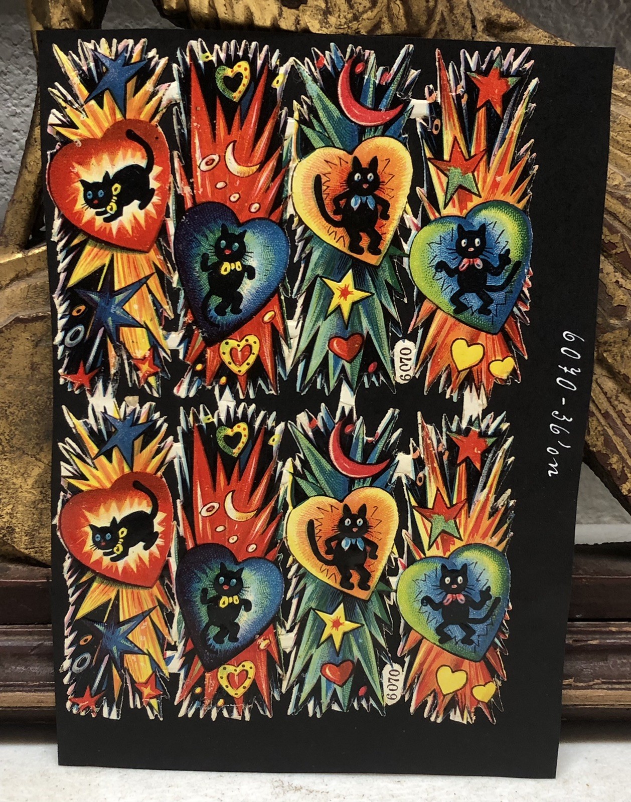 Black Cats & Marks w/ Faces Die Cut Scraps Glued on Paper Double Sided L14