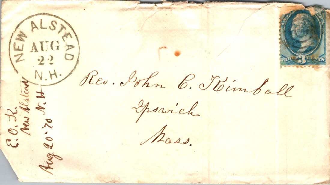 1870 Letter & Envelope from New Alstead NH to Rev. John C. Kimball Ipswich MA