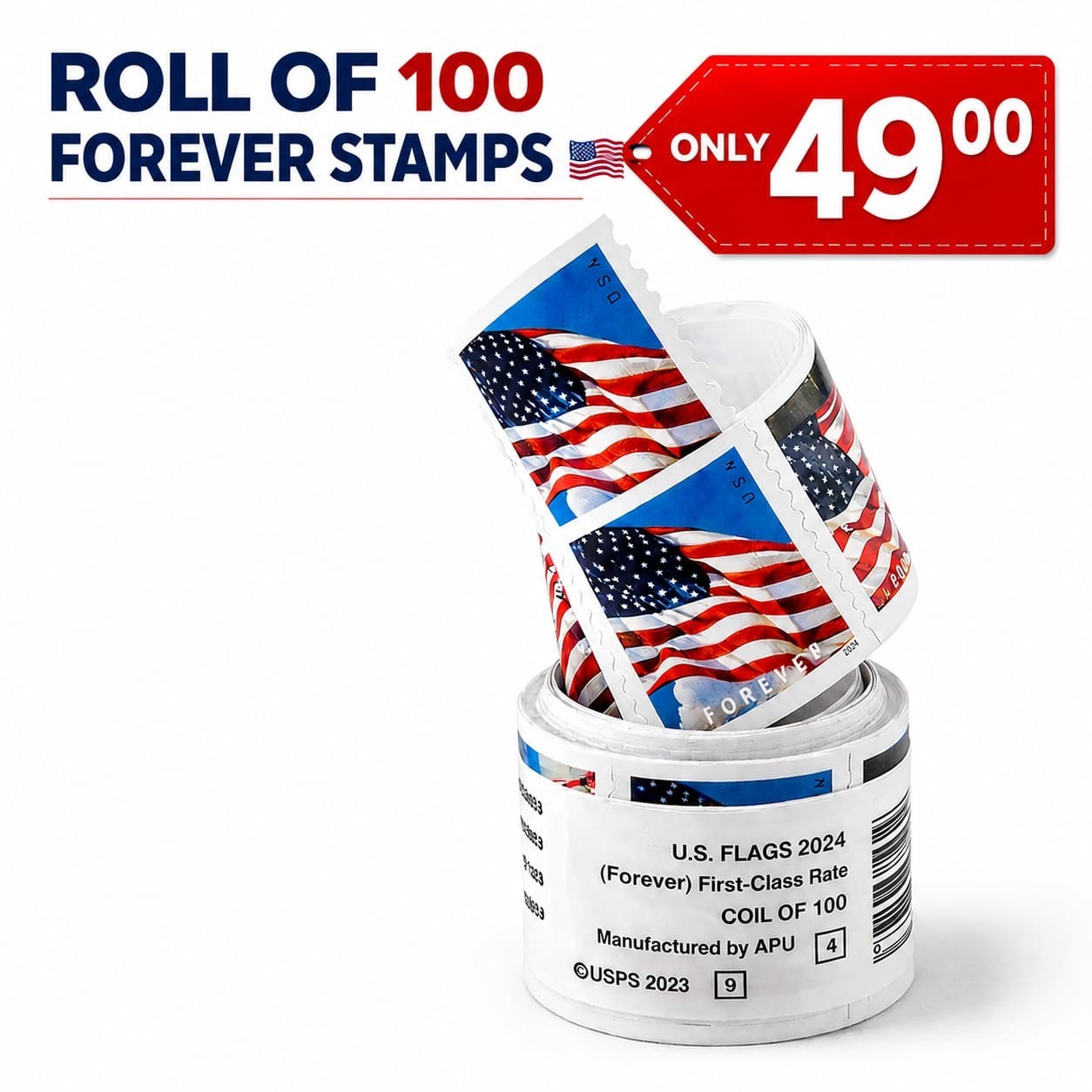 100 Count Roll 2022 US Flag Self-Adhesive Stamps-Collectible Grade-Discount 40%