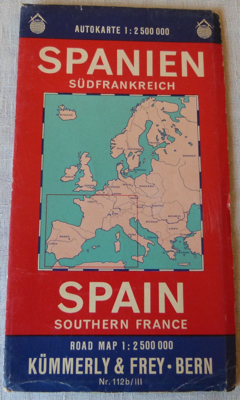 Vintage Folded Road Map of Spain & Southern France By Kummerly & Frey, Bern