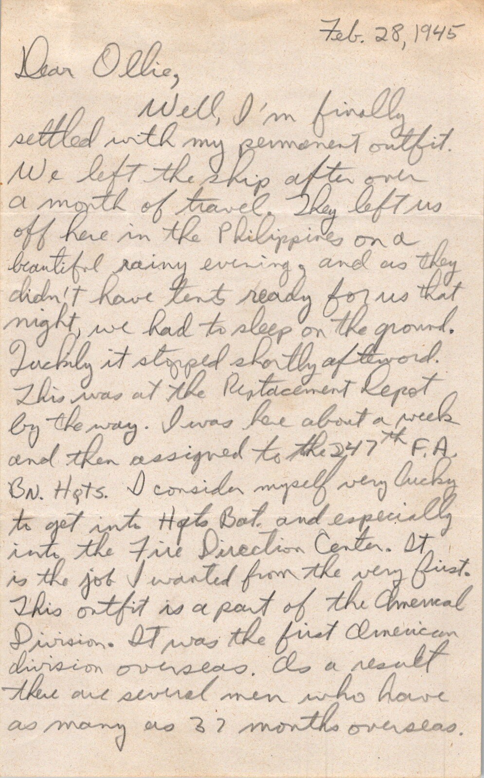 WWII 1945 Philippines Letter 347th FA Bn Americal Div Fire Direction Center