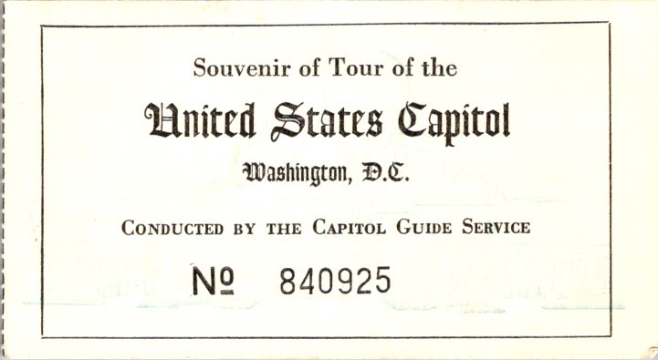 United States Capitol Tour Souvenir Ticket 1950s 60s Washington DC Guide Service