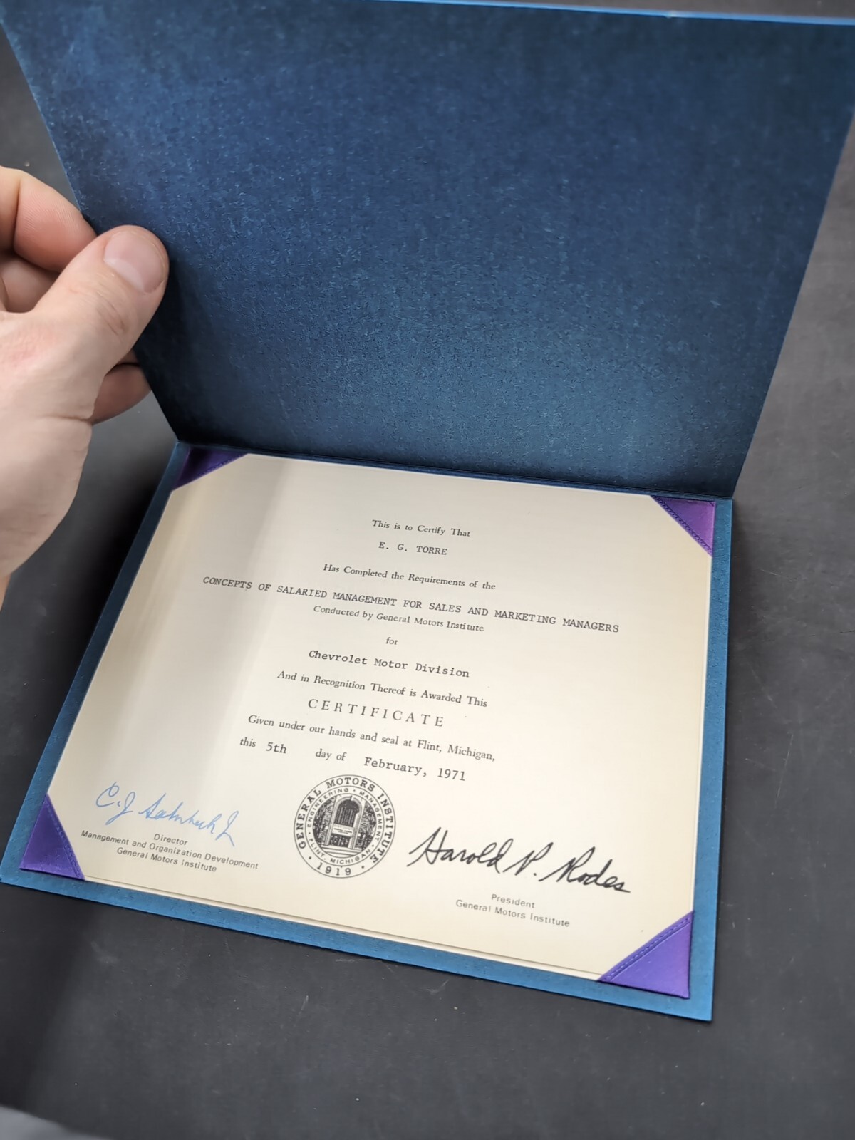 1971 General Motors Institute Salaried Manager Certificate Vintage Sales