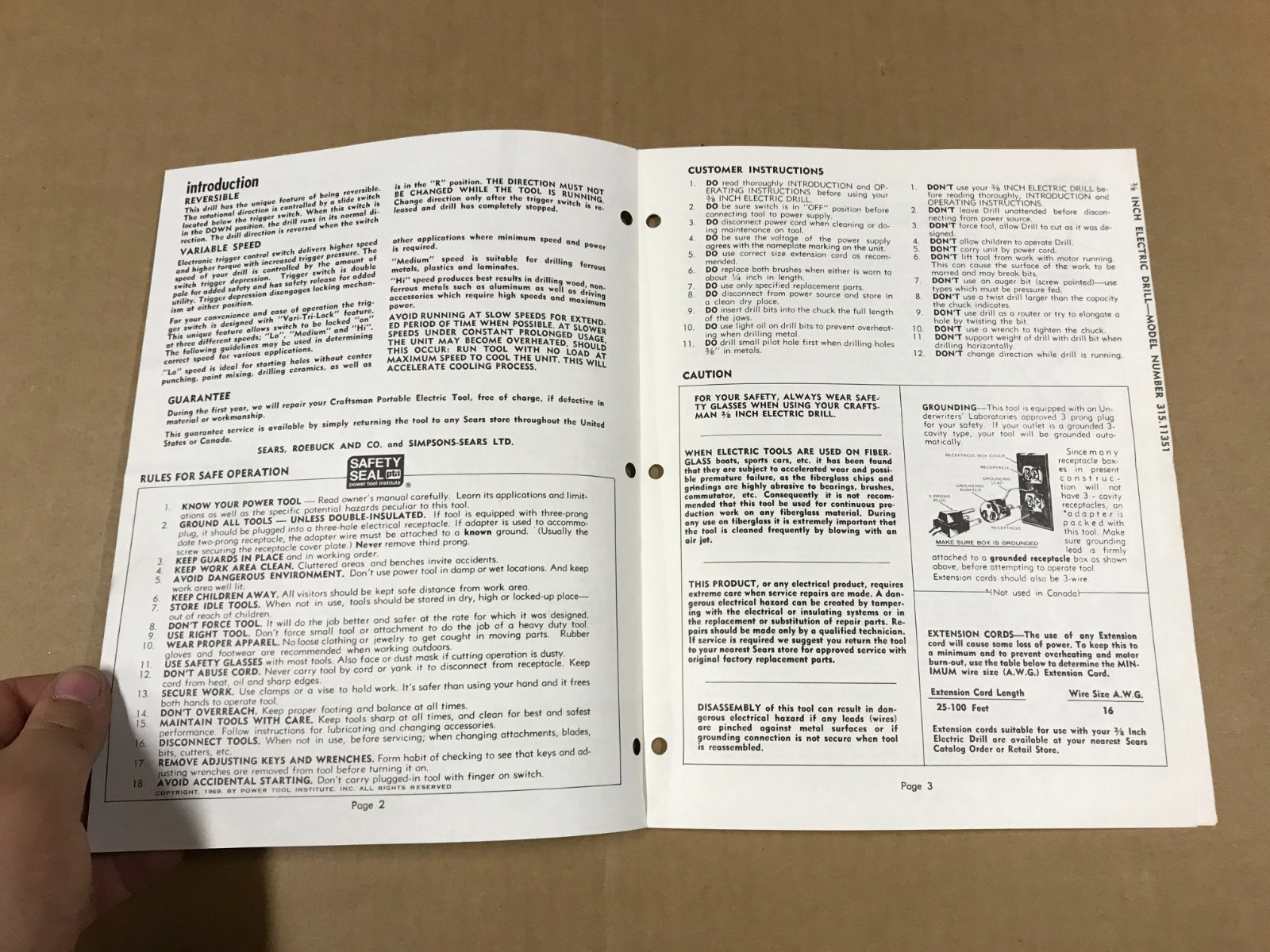 Vintage Sears Craftsman 3/8 Inch Electric Drill Owner’s Manual