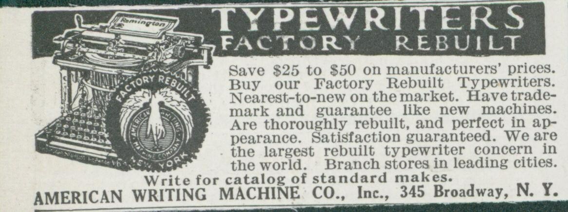 1914 American Writing Machine Co Typewriters Factory Rebuilt NY Vtg Print Ad CO3