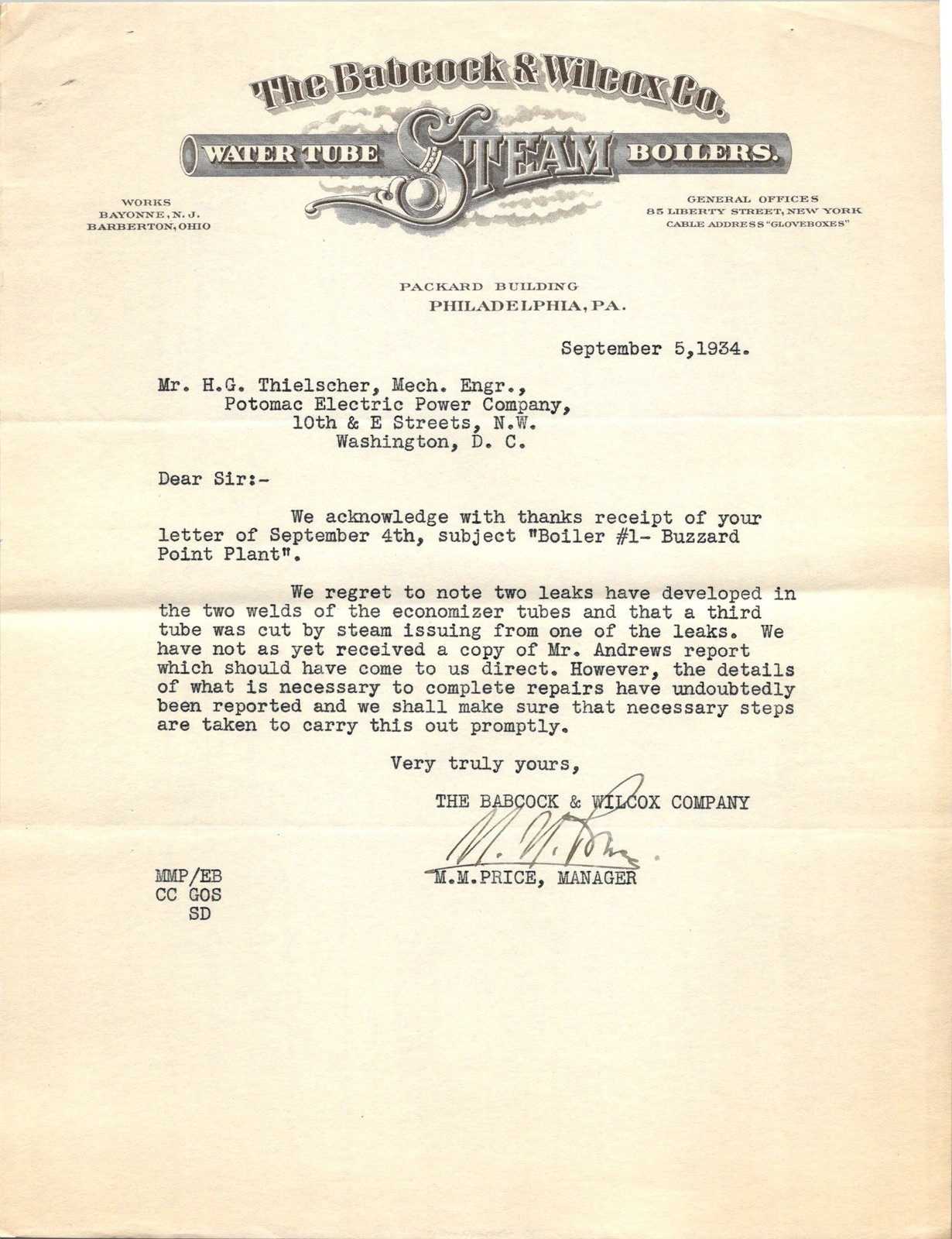 Babcock & Wilcox Letter 1934 Boiler Repair Correspondence Buzzard Point Plant