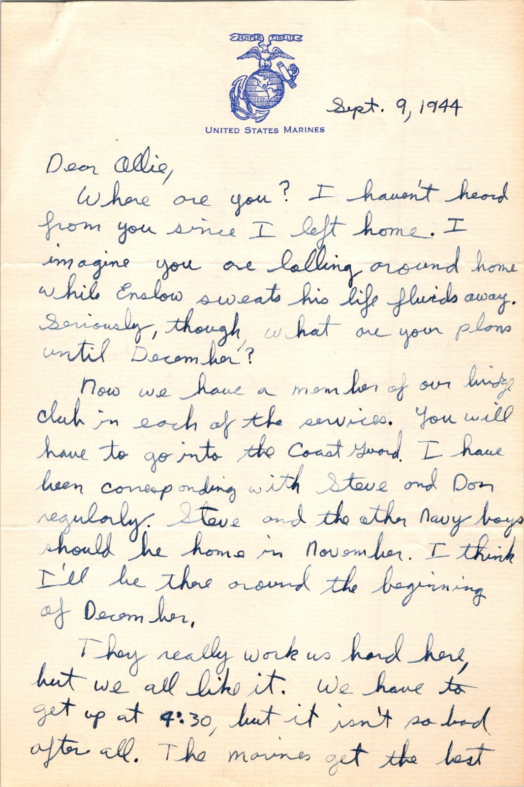 1944 USMC Letter Rid to Ollie WWII Semper Fidelis Handwritten