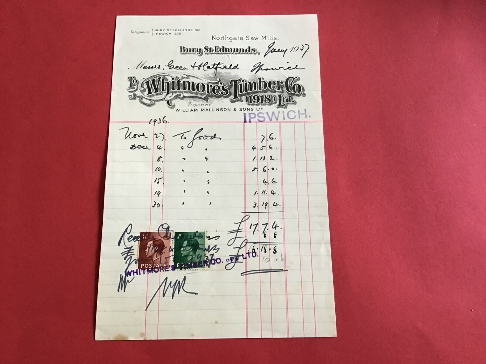 Whitmore’s Timber Co Ltd 1937 Saw Mills Ipswich receipt R34449