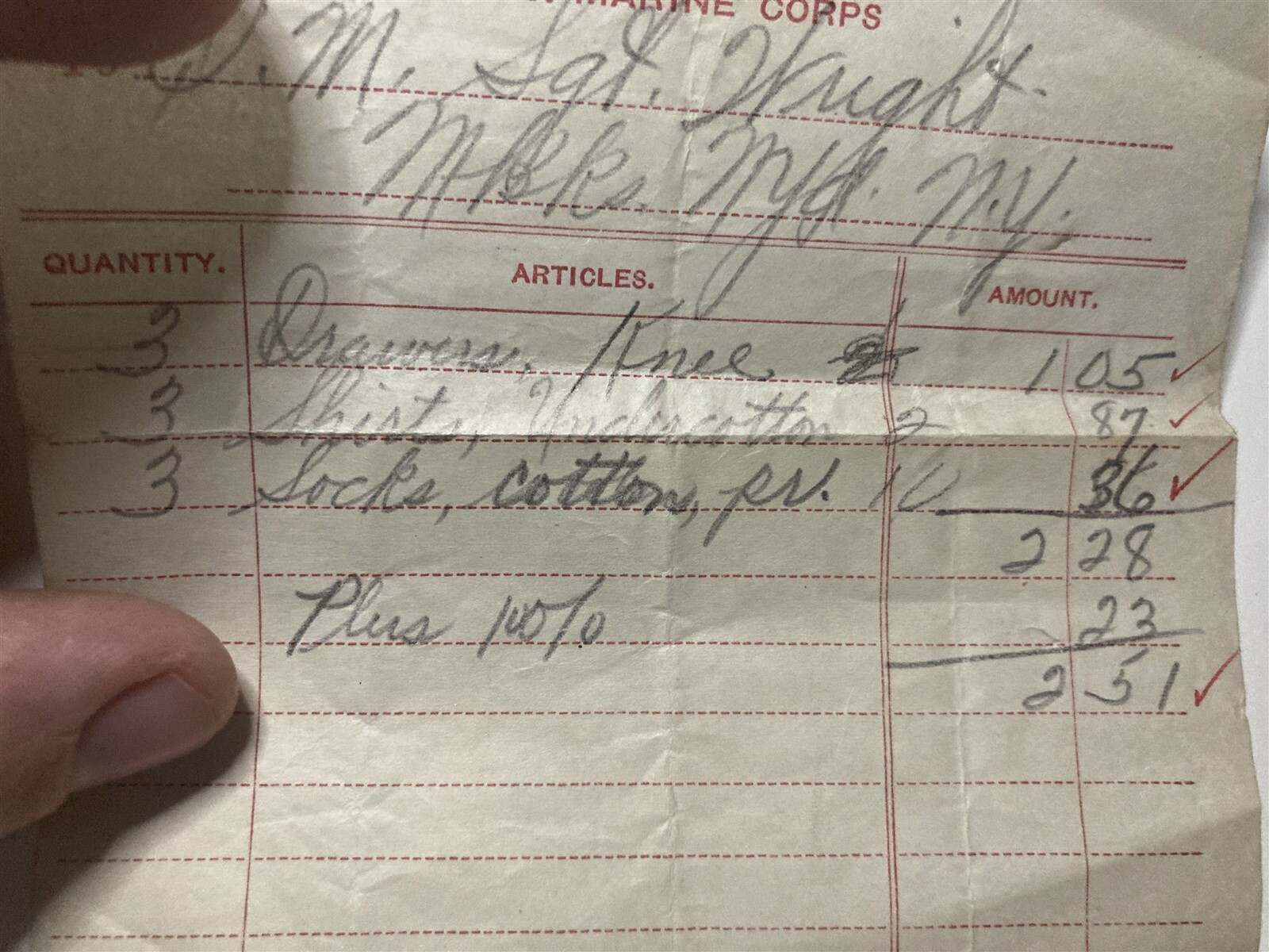1924 United States Marine Corps Quartermasters Department Uniform Receipt USMC