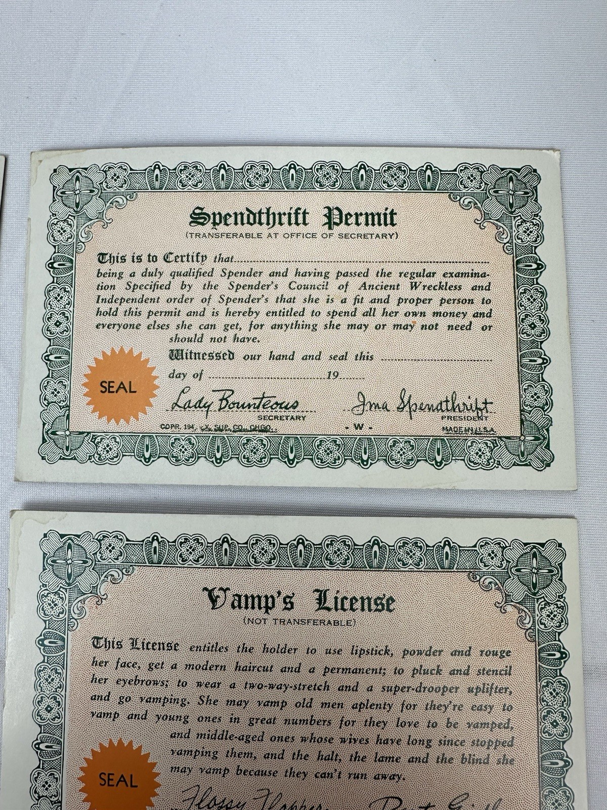 Vintage 1940s Novelty Certificates Lot Matrimonial Pants License Vamp Etc.