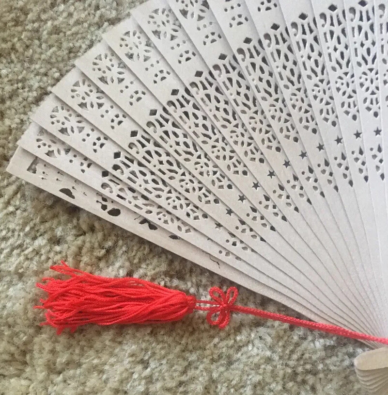 Vintage Folding Wood and Paper Cut Out Design Beige Fan Red Tassel And Box