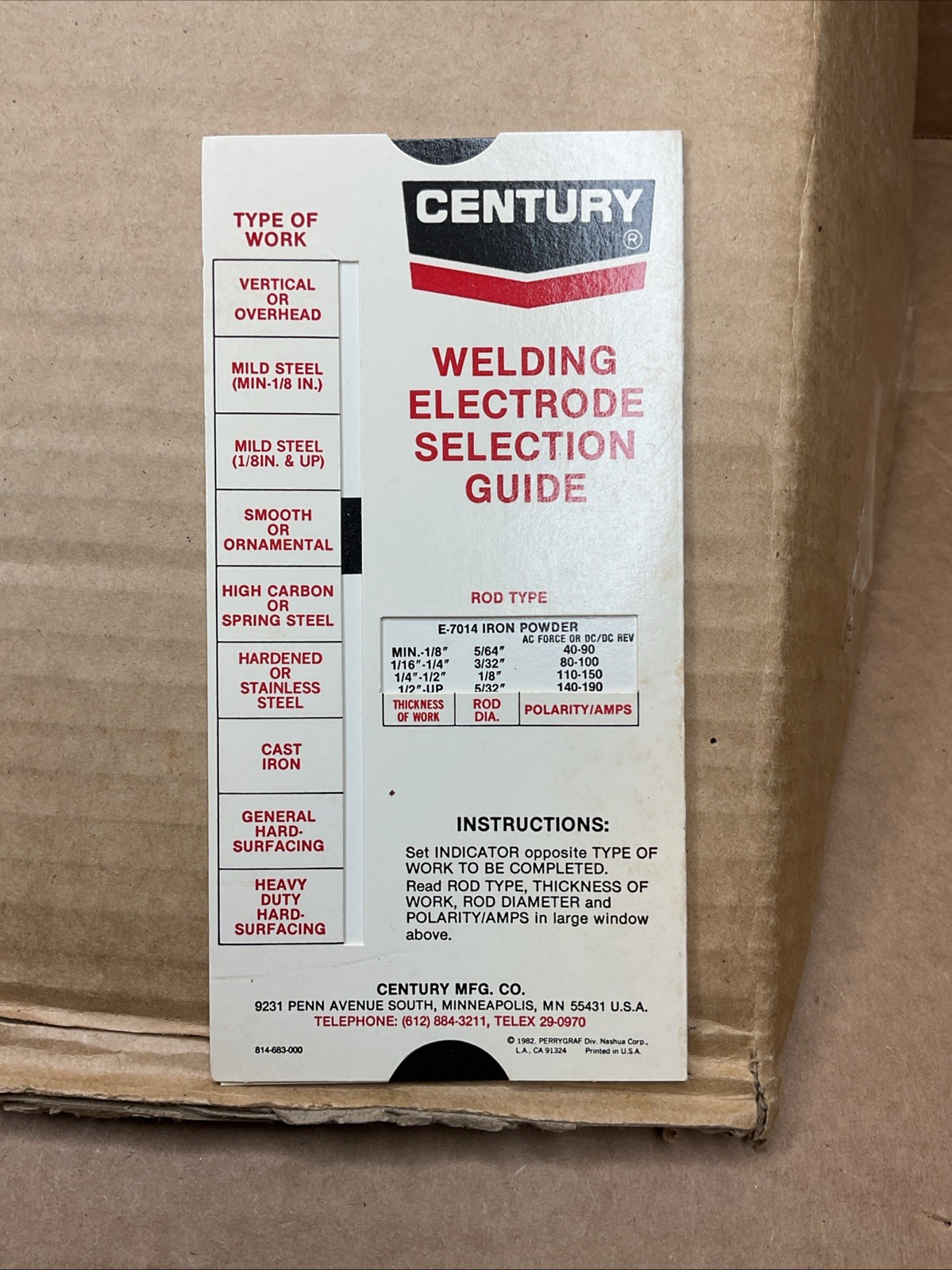 1982 Century WELDING ELECTRODE SELECTION GUIDE Card B70