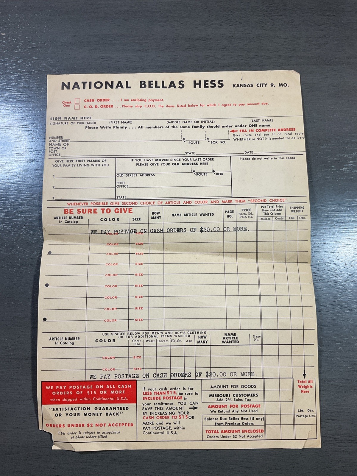 Vintage National Bellas Hess Clothing Order Form Kansas City Missouri B44