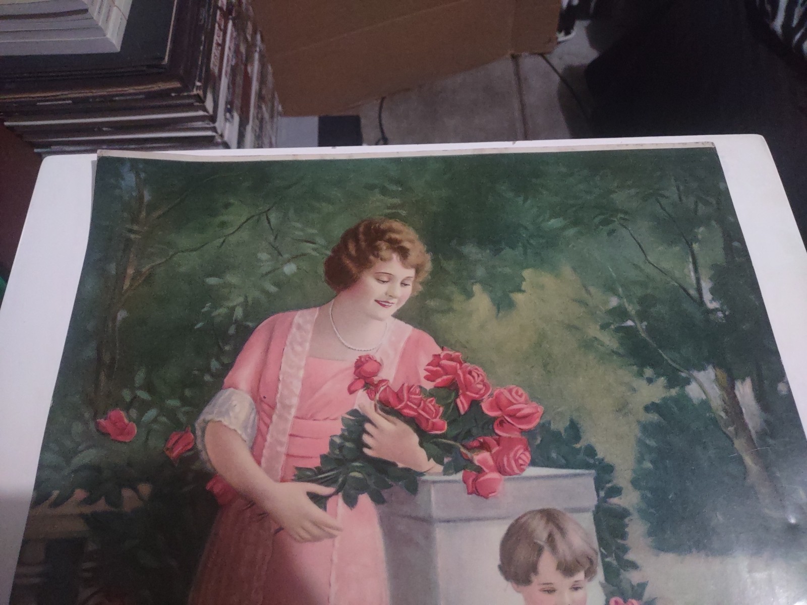 EARLY 1900’S VINTAGE CHROMOLITHOGRAPH PRINT YOUNG WOMAN & CHILD W/FLOWERS ROSES