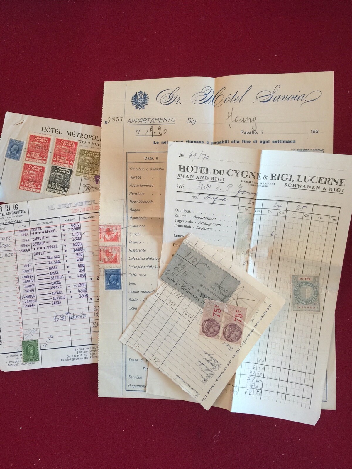 Italy Old European Hotel Bills with Fiscal stamps