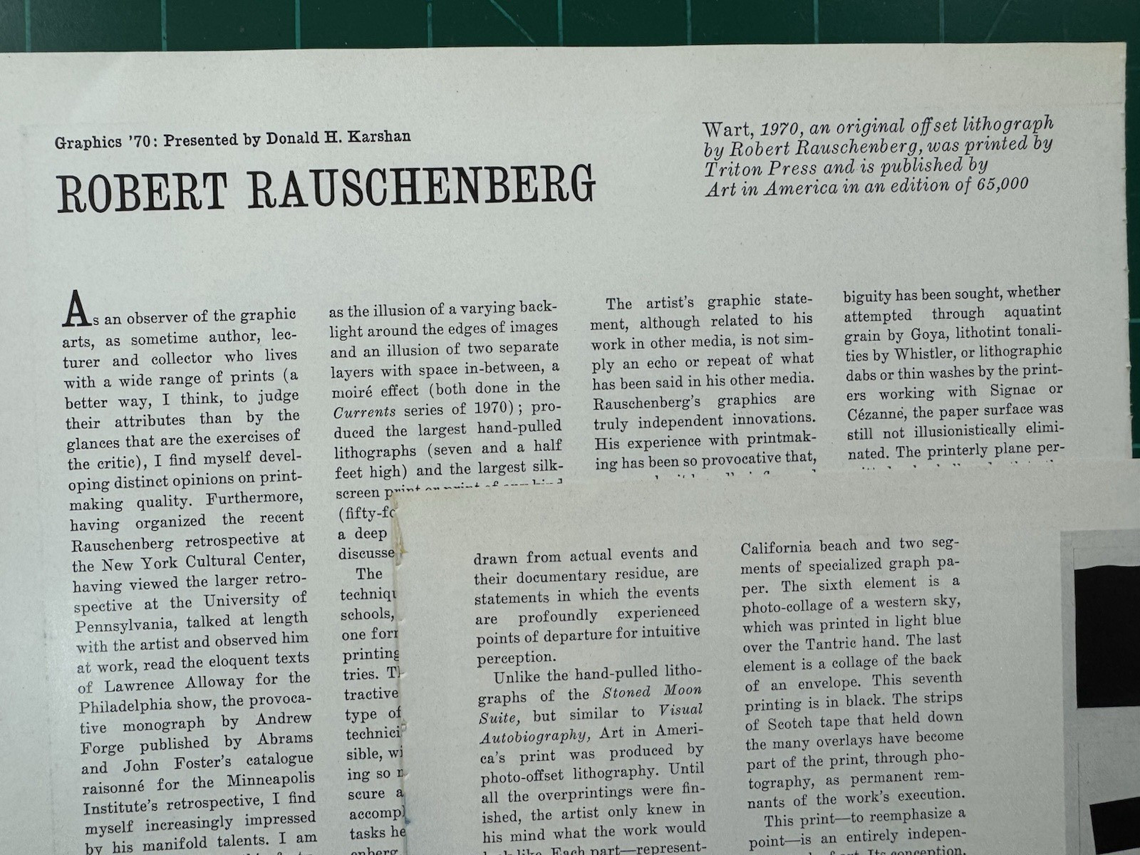 1970 Robert Rauschenberg Double Sided Lithograph WART w/vintage Magazine Article