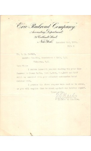 Erie Railroad Letter 1905 Morristown & Erie Accounting Coupon Correspondence