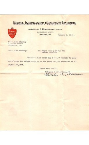 Royal Insurance Co 1949 Two-Sided Letter Anderson & Robertson USA Business