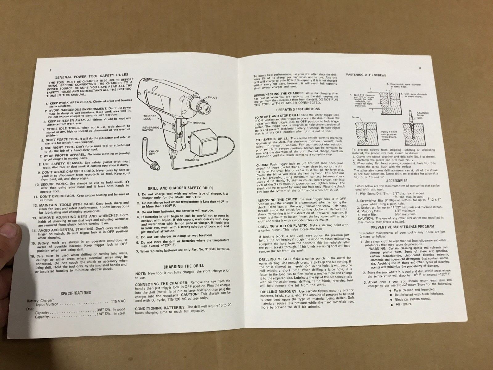 Vintage JCPenney Cordless Drill Model #0015 Owner’s Handbook